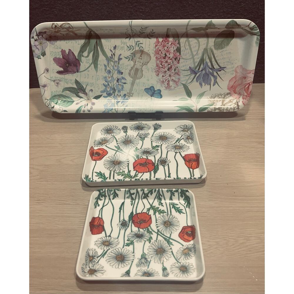 Vintage MCM Melamine Botanical Floral Snack Trinket Tray Set of 3 Made in Italy